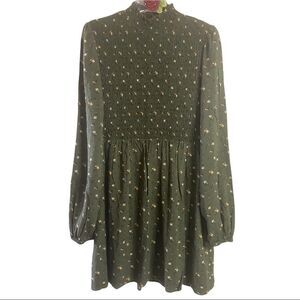 Target Women’s Olive Ditsy Floral Mini Dress Mock Neck Long Sleeve Smocked Boho
